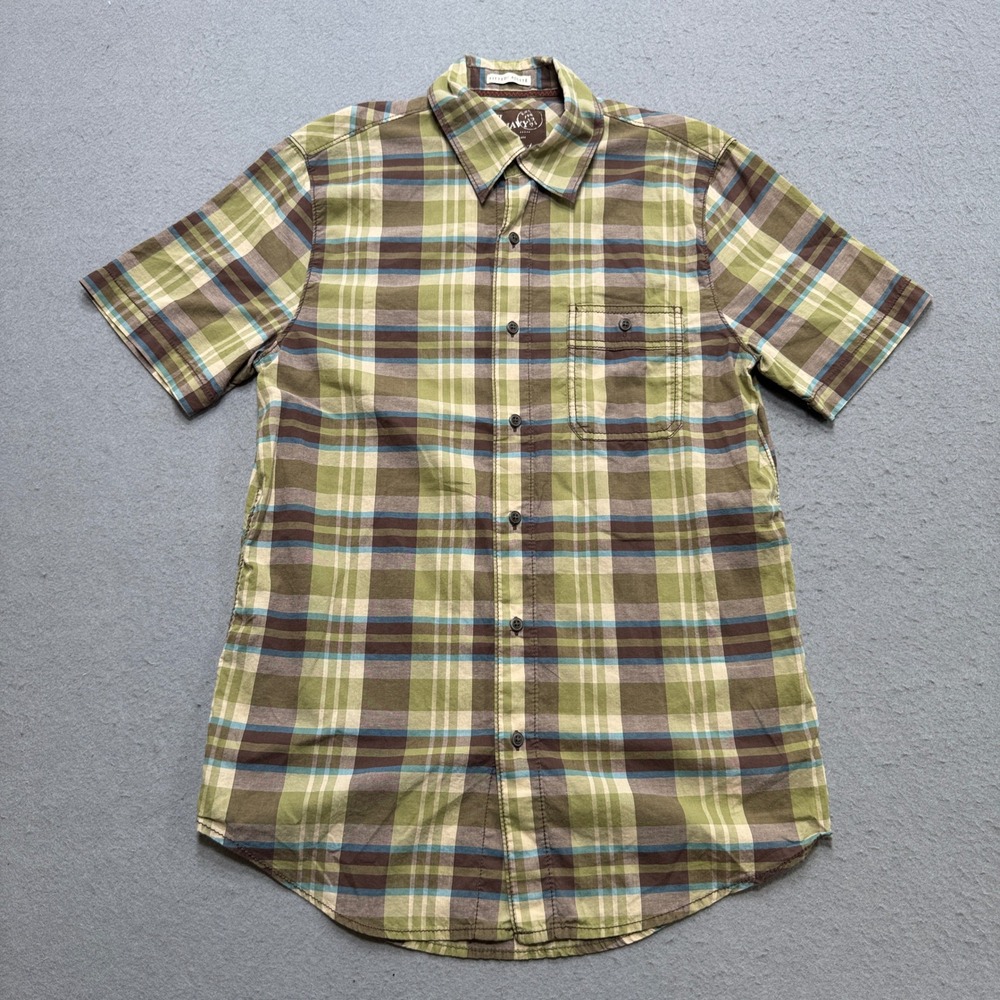 Old Navy Button Down Shirt Men's Small Green Plaid Fitted Short Sleeve Preppy
